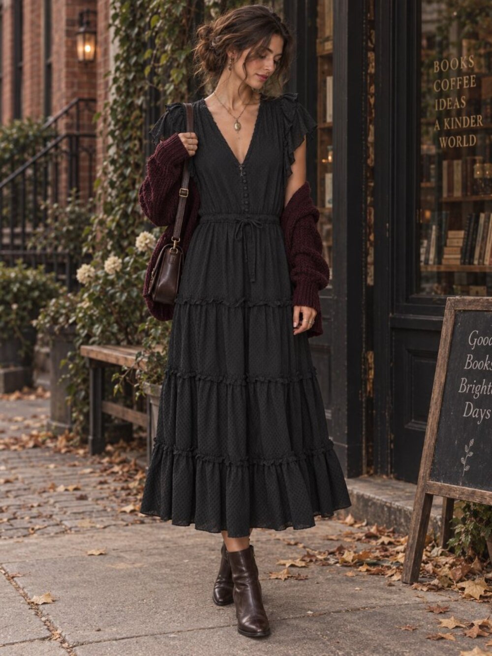 PAIGE Sm Rozlyn Black Swiss Dot Ruffle Midi Dress V-Neck Tiered Whimsigoth Boho